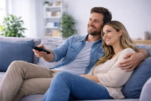 A family watching GreatestIPTV on the living-room television