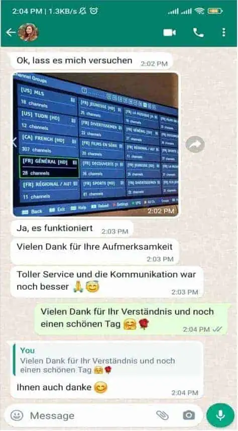 GreatestIPTV customer review on WhatsApp 1